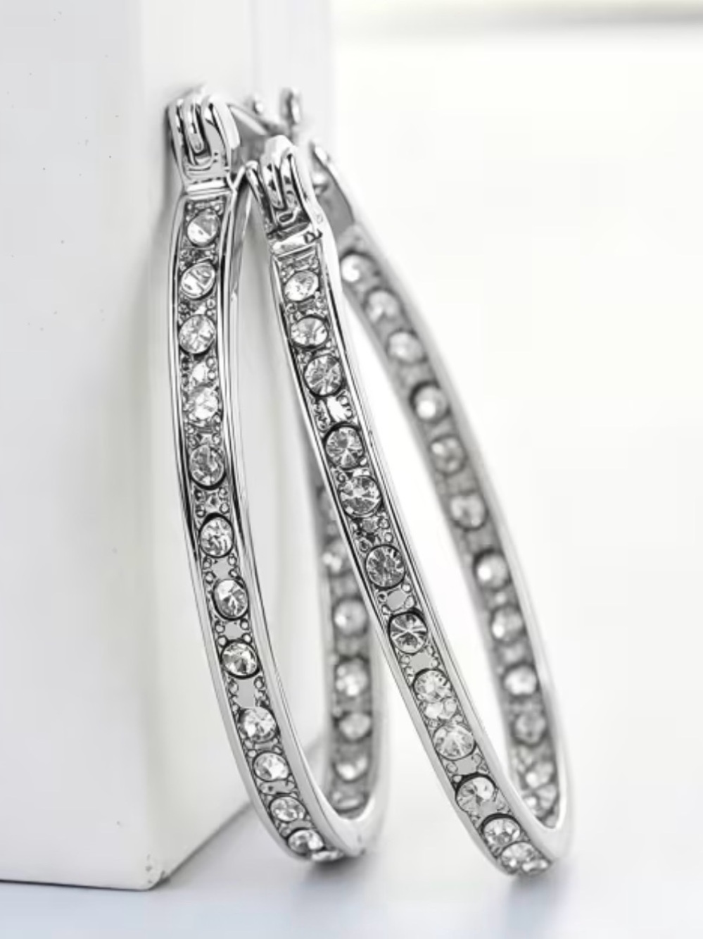 Crystal-Accented Silver Hoop Earrings - Women Jewelry